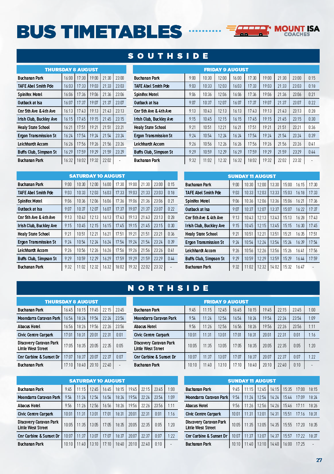 Mount Isa Mines Rodeo Bus Timetable